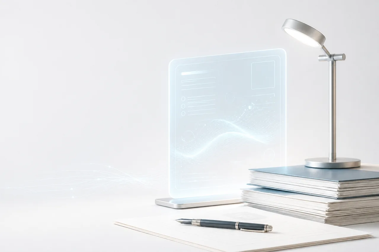 Painel translúcido, documentos e instrumentos de trabalho em composição clara